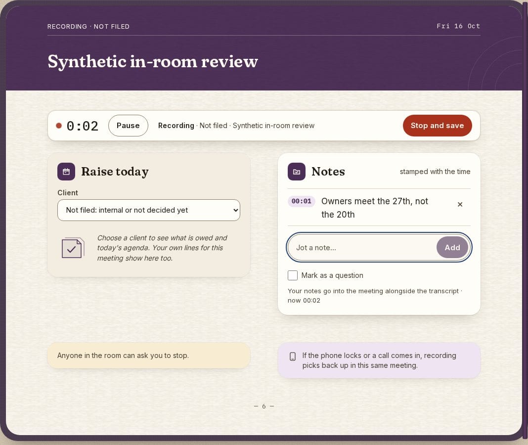 Recording in progress: a timer with Pause and Stop and save, a client picker, and notes stamped with the time.