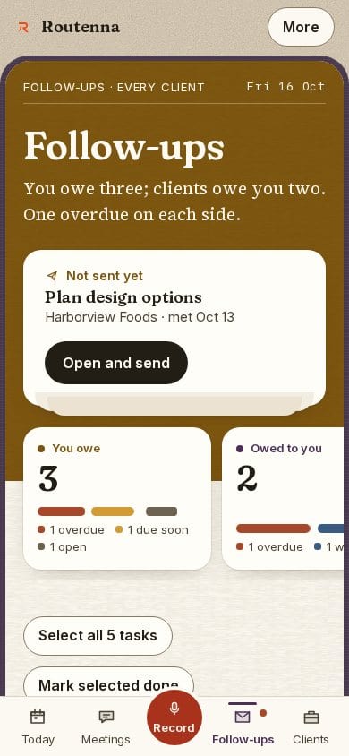 Follow-ups on a phone: you owe three, clients owe you two, and the follow-up not yet sent.