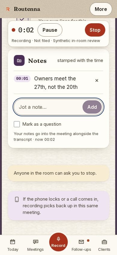 Recording on a phone: the timer bar with Pause and Stop, a note field, and the note that recording resumes after a lock or call.