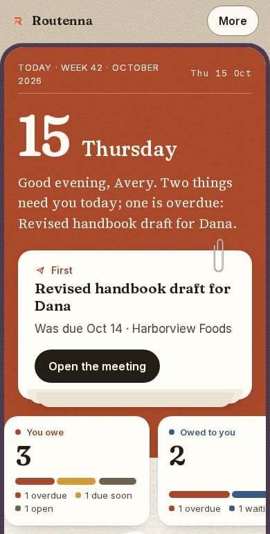 Today on a phone: the date, a greeting naming what is overdue, and the first thing to do.